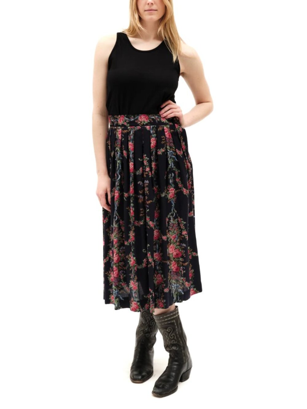 Floral Pleated Midi Skirt Black with Red Roses